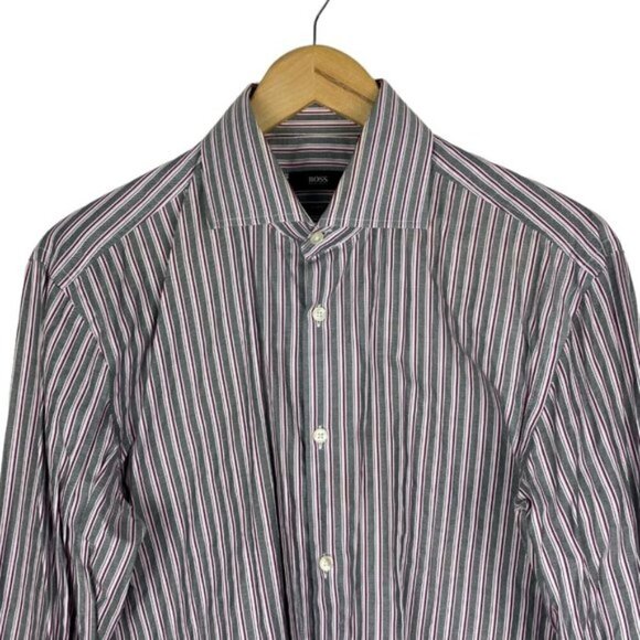 Hugo Boss Men's Purple Grey Striped Slim Fit Dress Shirt US 16 Size 41 - Picture 3 of 10